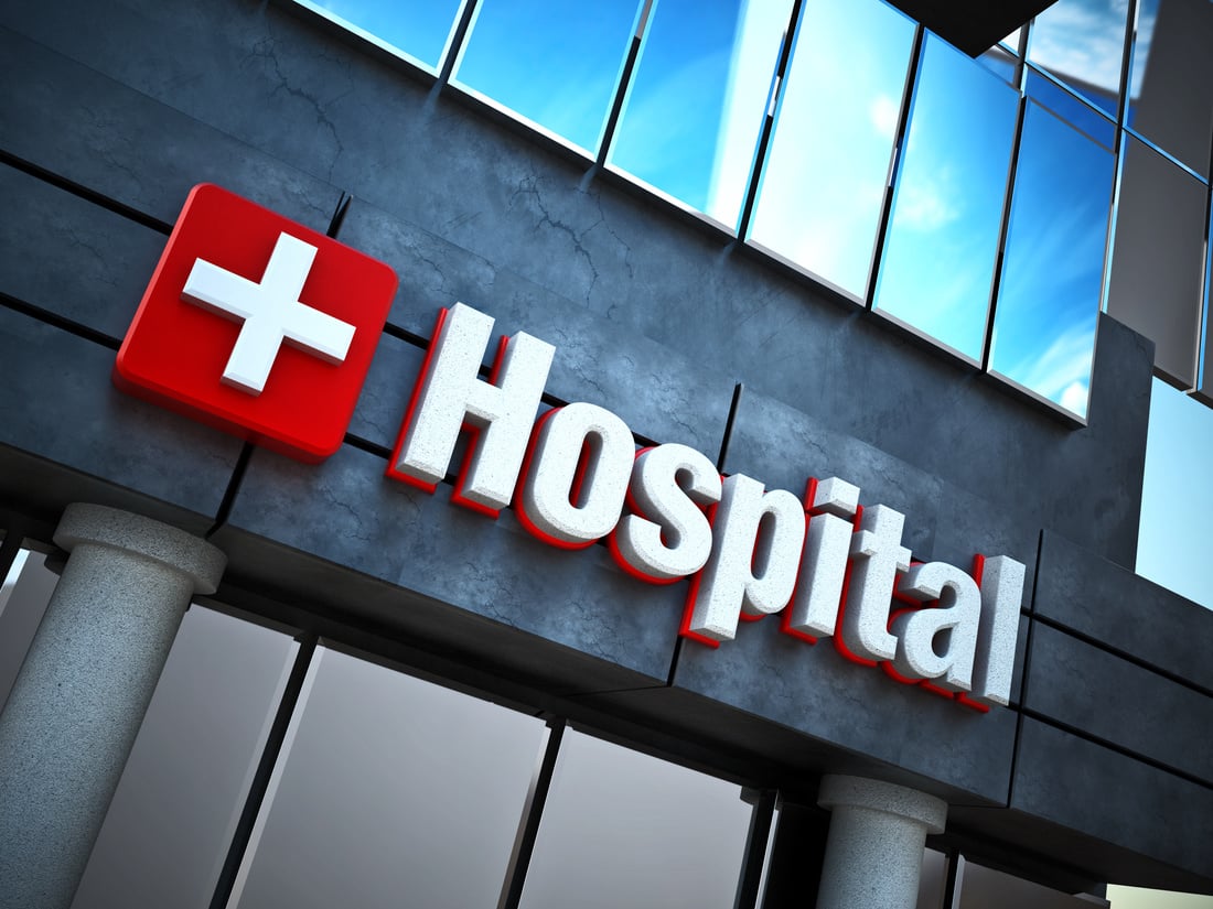 Hospital building exterior and hospital sign